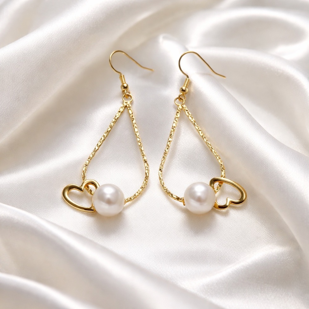 Gold Pearl Heart Drop Earrings - Elegant Women Jewelry